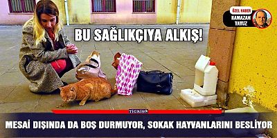 Mesai dışında da boş durmuyor, sokak hayvanlarını besliyor